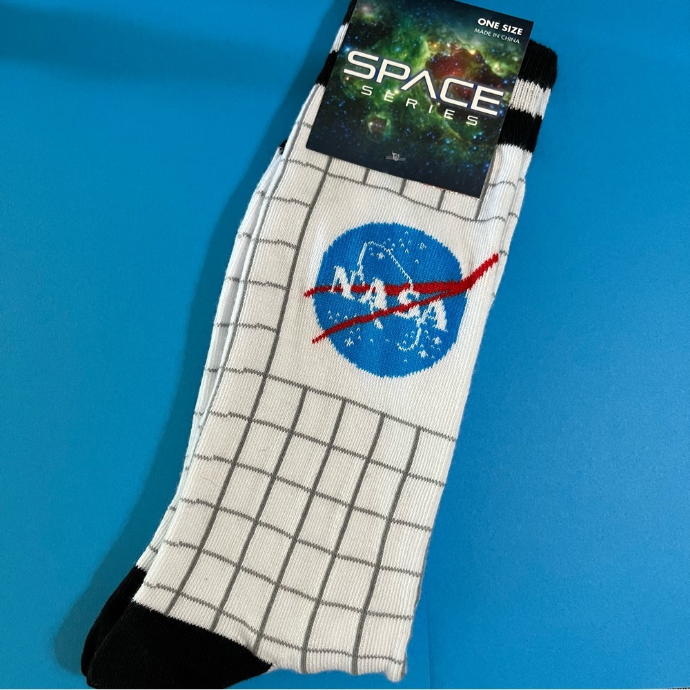Space Series NASA Graphic White & Grey Check Print Crew Socks One Size NWT